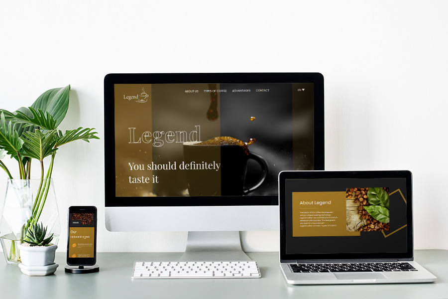 Mockup d'ordinateur, tablette et téléphone où est insérer des visuelles de pages web Legend Coffee