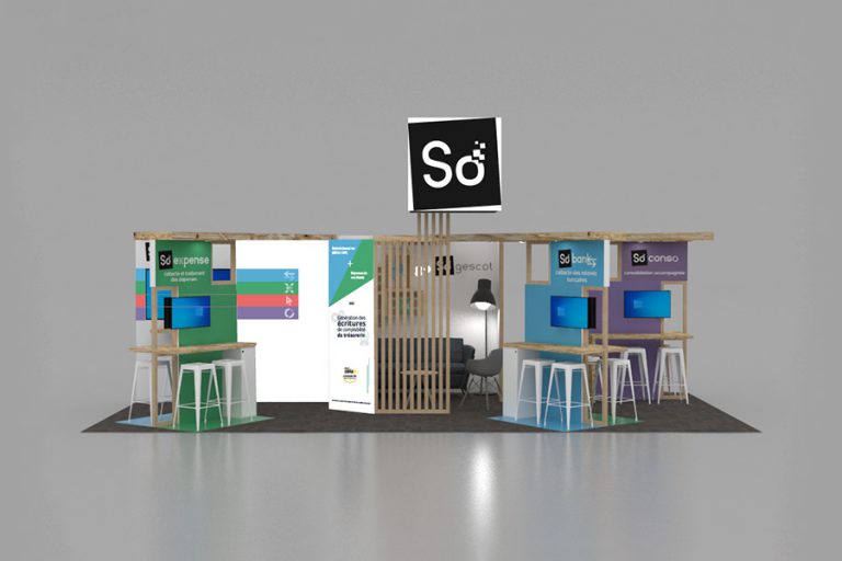 Prototype d'un stand où est insérer le design graphique sur les murs du stand de Sogescot